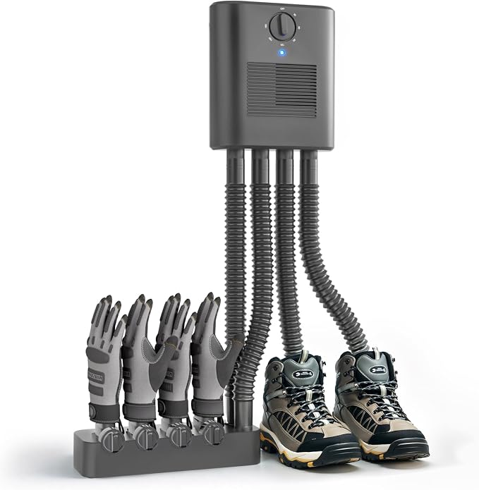 Wall Mount Shoe and Boot Dryer, Black | Glove Attachment, 4 Flexible Tubes, 4 Glove Racks, 180 Min Timer
