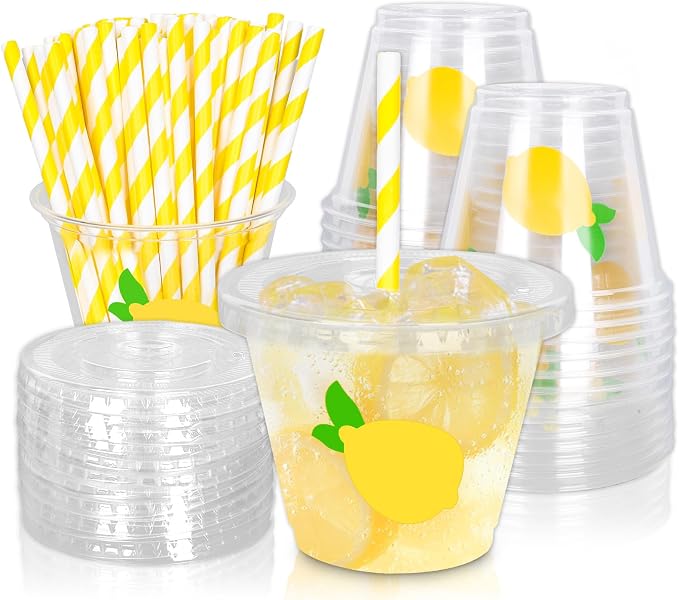 Whaline 100 Pcs Lemon Disposable Plastic Cups with Lids and Straws, 9 Oz | Yellow Lemon, Fruit Theme, Cold Beverage Drinking Cups, for Party Iced Coffee Smoothie Juice Tea