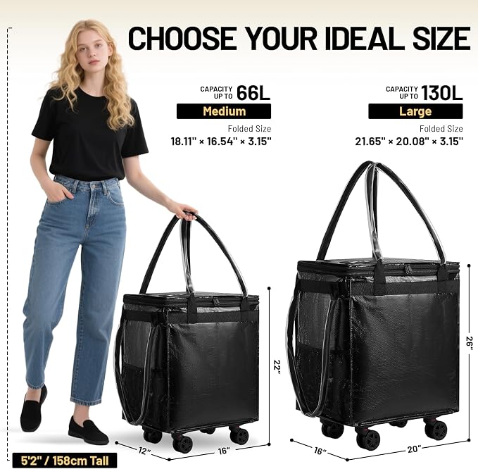 Fanwoli Reusable Grocery Bag with Wheels: Foldable Rolling Tote Bag with Removable Wheels and 4 Handles - 66L Large Capacity Shopping Bag for Groceries, Laundry, Trunk Storage