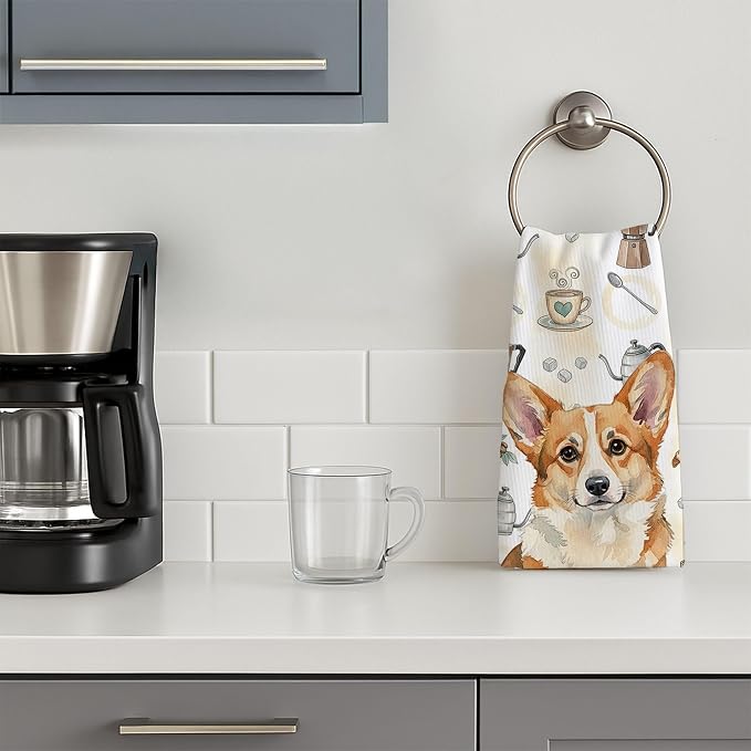 Caroline's Treasures Corgi Coffee Bar Kitchen Towel Velour Plush Front and Cotton Loop Back Machine Washable