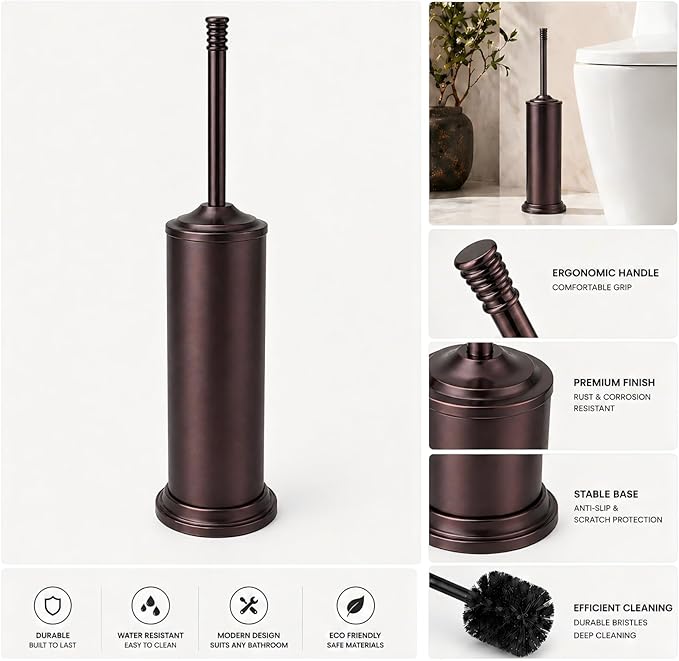 Red Bronze Toilet Brush and Holder Set，Extra Long Handled Toilet Bowl Brush and Holder，Stainless Steel Heavy Duty Toilet Brush for Bathroom,Deep Cleaning Modern Toilet Cleaner Slip Base