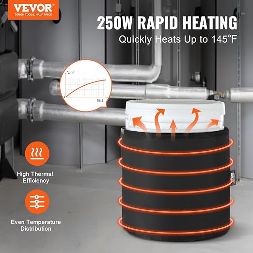 VEVOR Metal Drum Heater, 250 Watt, Pail Heating Band for 5 Gallon Barrel, 0-145℉ Adjustable Thermostat, Waterproof Oxford Fabric High Efficiency Grease Keg Heater,Tested to UL 499 Standard, FCC Listed
