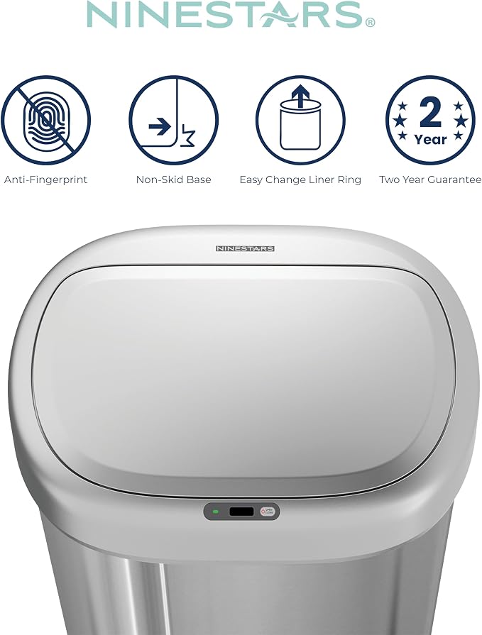 Ninestars DZT-80-24 Automatic Motion Sensor Trash Can with Adjustable Sensor Range, Stainless Steel Base, Silver Lid, 21 Gallon