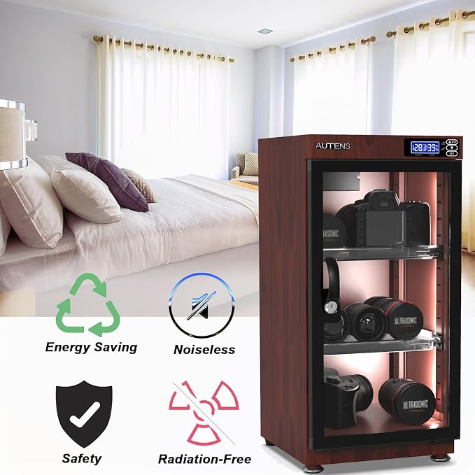 50L Dehumidifying Dry Cabinet Box, Wood grain Design Digital Control Noiseless and Energy Saving, for Camera Lens and Electronic Equipment Storage,Temperature Humidity LED Dual Screen