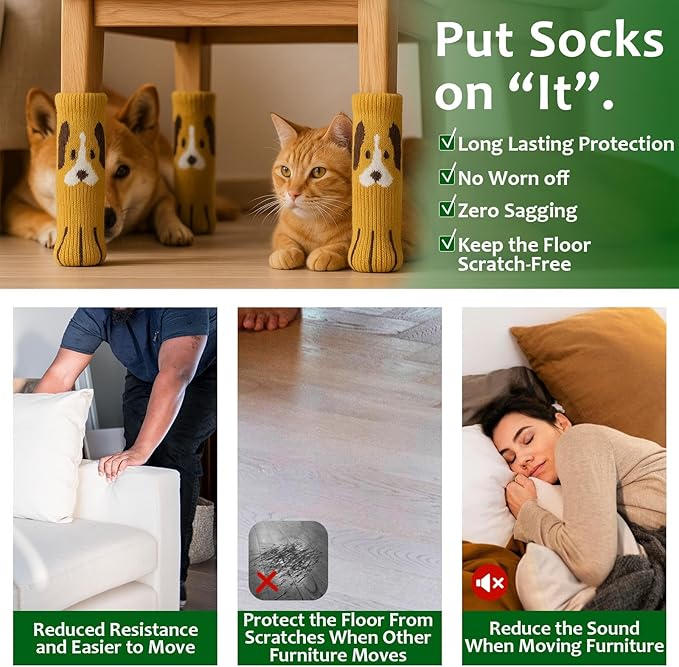 42 PCS Home Essential Bundle: 24 Cute Dog Chair Socks Furniture Pads for Hardwood Floor Protection & 18 Animal Sanding Sponges for Kitchen Scouring and DIY, Anti-Slip Silent Furniture Booties