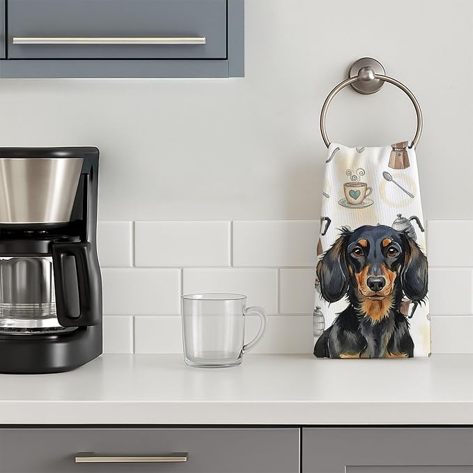 Caroline's Treasures Longhaired Black and Tan Dachshund Coffee Bar Kitchen Towel Velour Plush Front and Cotton Loop Back Machine Washable