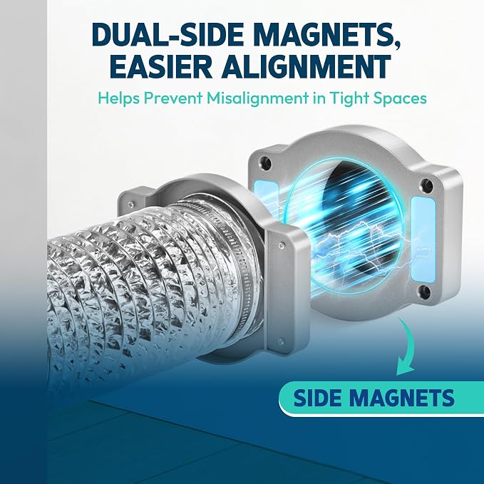 Magnetic Dryer Vent Coupling Connector Kit-DV180 Contractor-Grade Quick Connect for Tight Spaces Behind Dryer, Dual-Side Magnets, Airtight Seal, Easy to Clean, Includes 4" x 2.6ft Duct & 2 Clamps,Grey