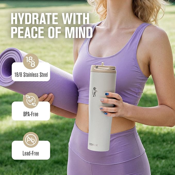 Coolflask Water Bottle 40 oz Fits Car Cup Holder, Slim Tumbler Stainless Steel with Straw & Handle, Vacuum Flask Leakproof Wide Mouth for Travel Sports Gym, Cream White