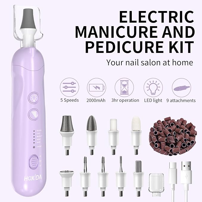 Manicure Pedicure Kit with Case, Professional Nail Grinder for Senior Thick Toenail, Cordless Electric Nail File, 5 Speeds Pedicure Tools for feet Callus Remover (Purple)