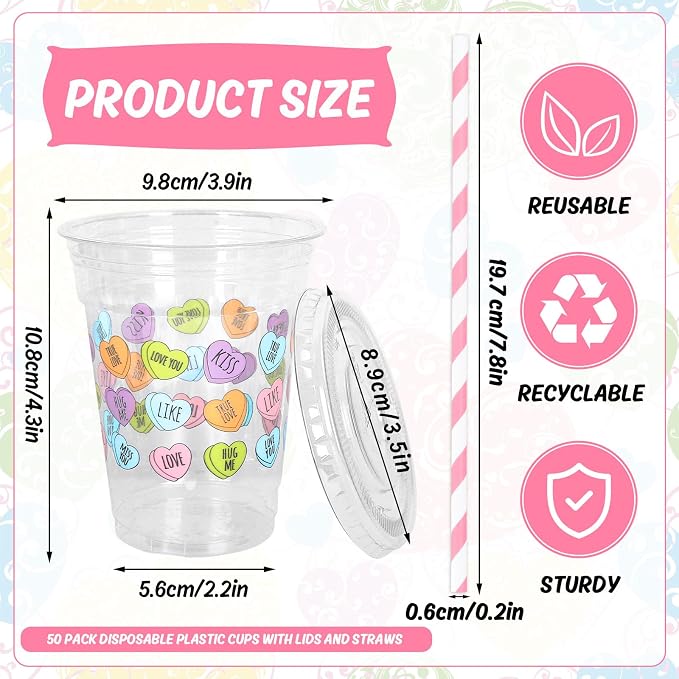JarThenaAMCS 50Pcs Valentine's Day Disposable Plastic Cups With Lids And Straws 12oz Romantic Conversation Heart Decoration Love Heart Cups for Dinner Anniversary Party Supplies