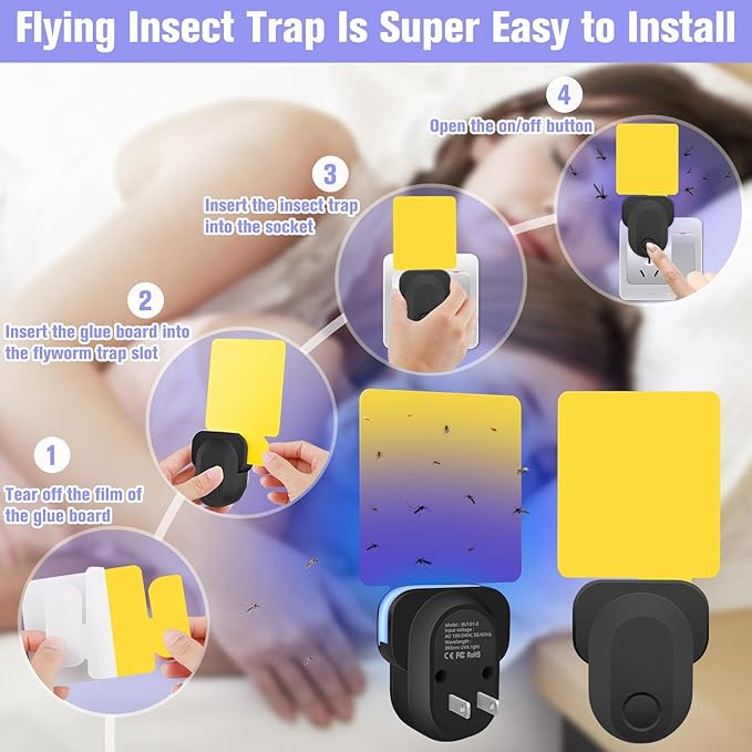 Flying Insect Trap Plug-in, Indoor Mosquito & Gnat Killer, Safe Non-Toxic UV Light Fly Catcher, Night Light Bug Trap with Sticky Pad for Flies, Gnats, Moths (1 Pack, Deep Black)