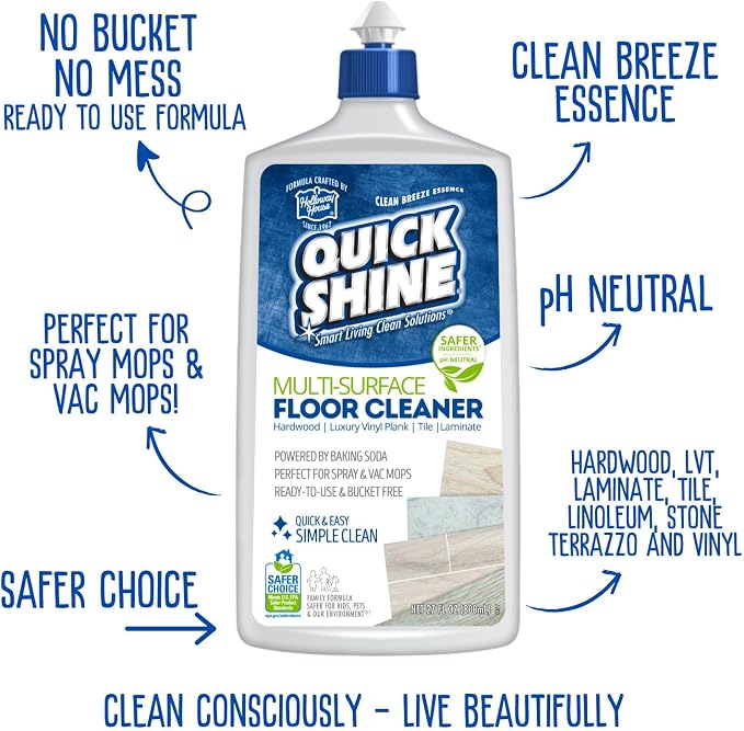 Quick Shine Multi Surface Floor Cleaner 27oz, 2Pk | Ready to Use-Streak Free- No Rinse | Use on Hardwood, Laminate, Luxury Vinyl Plank & Stone | Use in Spray Mops & Vac Mops | Safer Choice Cleaner