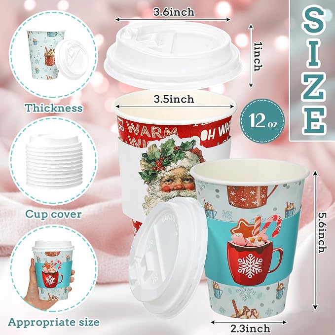 Gueevin 72 Set/ 216 Pcs Christmas Paper Cups Disposable 12 oz Christmas Coffee Cups with Lids and Sleeves Xmas Winter Party Supplies for Hot Chocolate Cocoa Cold Drinks Water Supplies(Novelty)