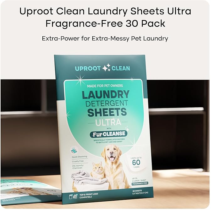 Uproot Clean Laundry Sheets Ultra - 30 Pack - Fragrance-Free: Extra-Large Enzyme-Powered Laundry Detergent Sheets Travel Pack - Eliminate Clinging Fur, Pet Odors, & Messy Residue - Up to 60 Loads