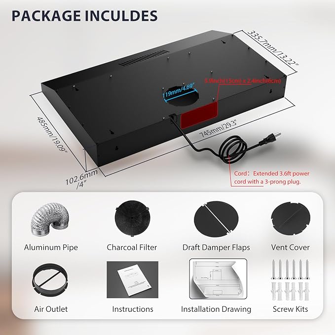 Rang Hood 30 inch Under Cabinet, Ductless Slim Kitchen Range Hood Vent with Filter, LED Lights, 3 Speed Exhaust Fan, Campanas para Cocina (JX3875- Black)