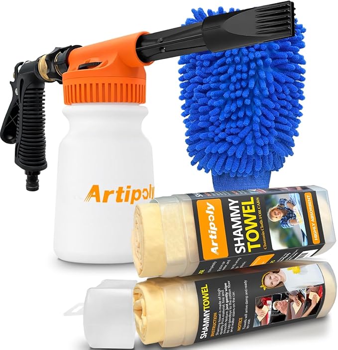 ARTIPOLY Premium Shammy Towel & Car Wash Foam Gun + Microfiber Wash Mitt