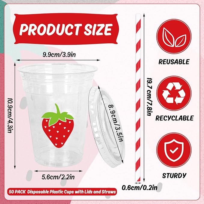 Whaline 50Pcs Strawberry Disposable Plastic Cups with Lids and Straws 12 Oz Red Summer Fruit Cold Beverage Drinking Cups for Sweet One First Birthday Baby Shower Party