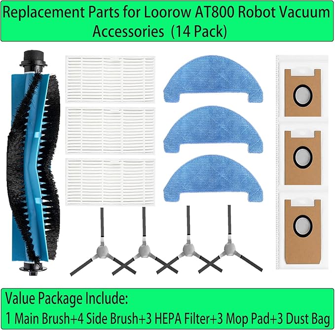 Replacement for Loorow AT800 Accessories : Replace Part for Loorow AT800 3-in-1 Robot Vacuum 1 Main Brush 4 Side Brush 3 Filter 3 Mop Pad 3 Dust Bag (14 Pack)