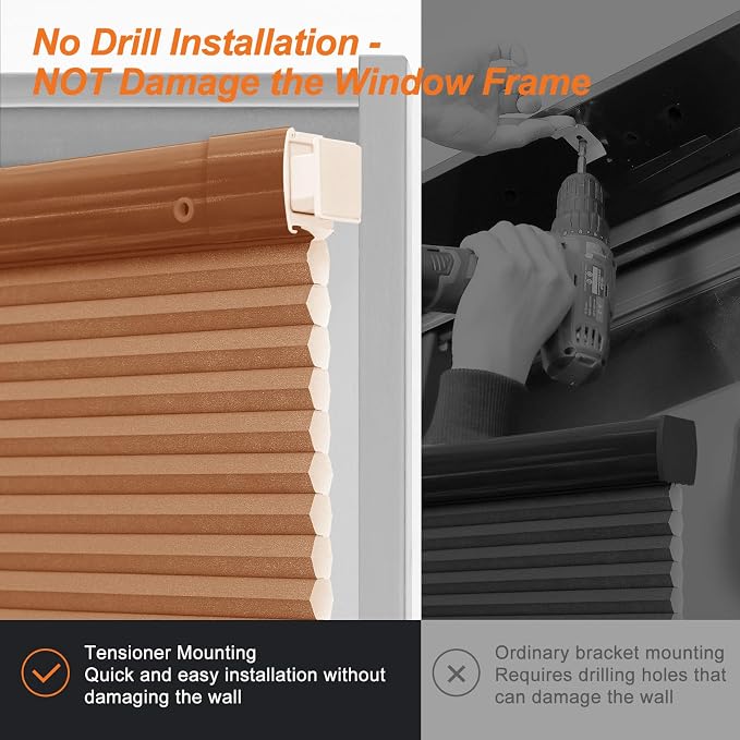 No Drill Cellular Shades, Dark Orange Custom Size Cordless Light Filtering Pull Down Pleated Honeycomb Blind Thermal Insulated Easy Install for Indoor Window Bedroom Living Room Kitchen Door