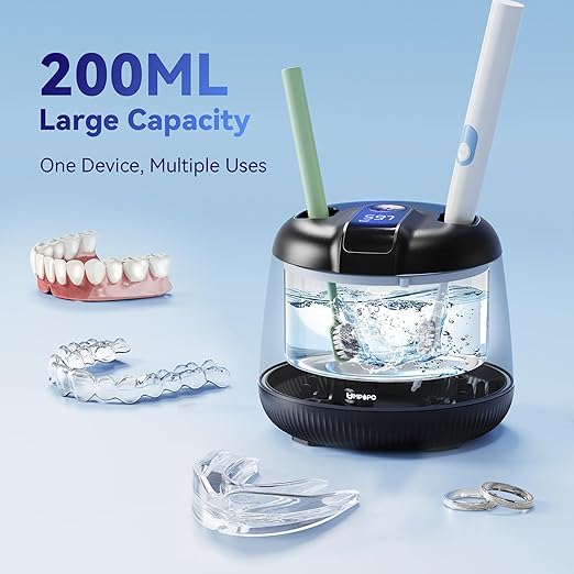 Ultrasonic Retainer Cleaner Machine 48kHz, Dental Cleaning Pod, Ultrasonic Retainer Cleaner for Dentures, Aligners, Mouth Guards, Toothbrush Heads and Jewelry with 200ML Capacity, LAB Supply