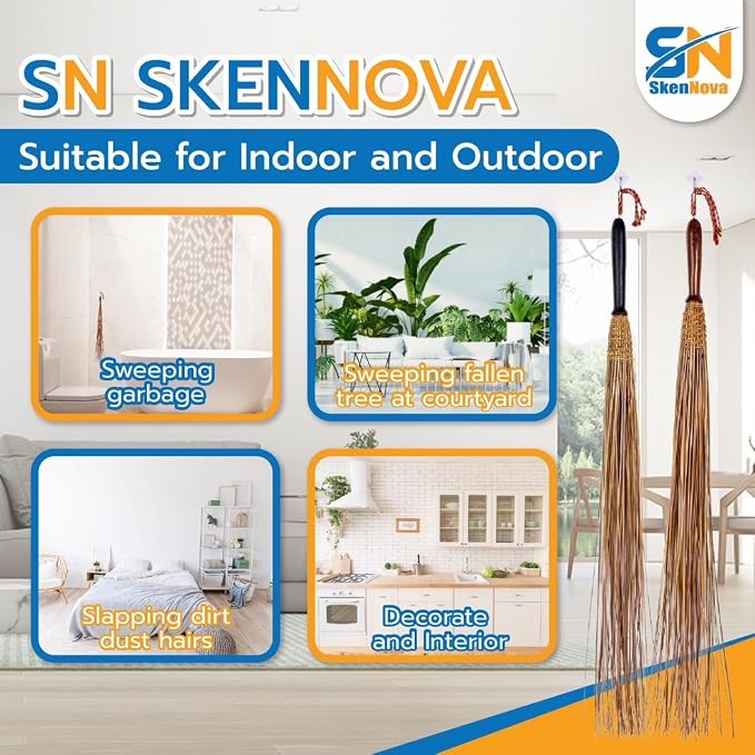 1 Piece of 32 inch Multi-Surface Sturdy Outdoor Authentic Coconut Stick Carpet and Rug Beater Thai Natural Coconut Leaf Broom Solid Wood Handle (Classic)