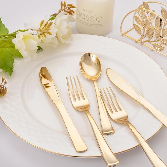 Liacere 200Pcs Gold Plastic Silverware-Gold Plastic Cutlery - Disposable Silverware include 100 Forks 50 Spoons 50 Knives Perfect for Parties & Weddings & Restaurants &Events