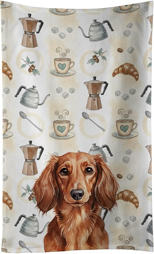 Caroline's Treasures Longhaired Red Dachshund Coffee Bar Kitchen Towel Velour Plush Front and Cotton Loop Back Machine Washable