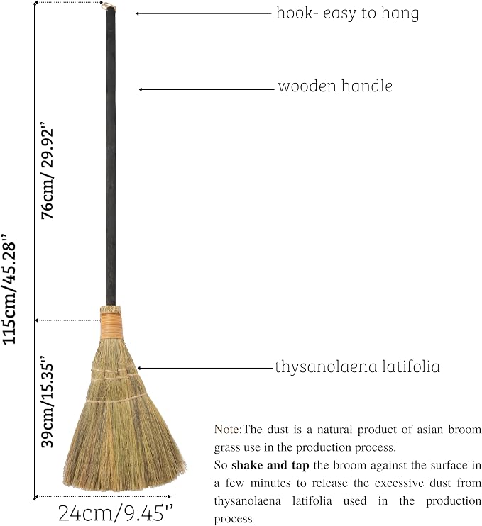 Vietnamese Straw Soft Black Broom for Cleaning with Long Handle Broom- Broom Decorative 9.45'' Width, 45.28" Length