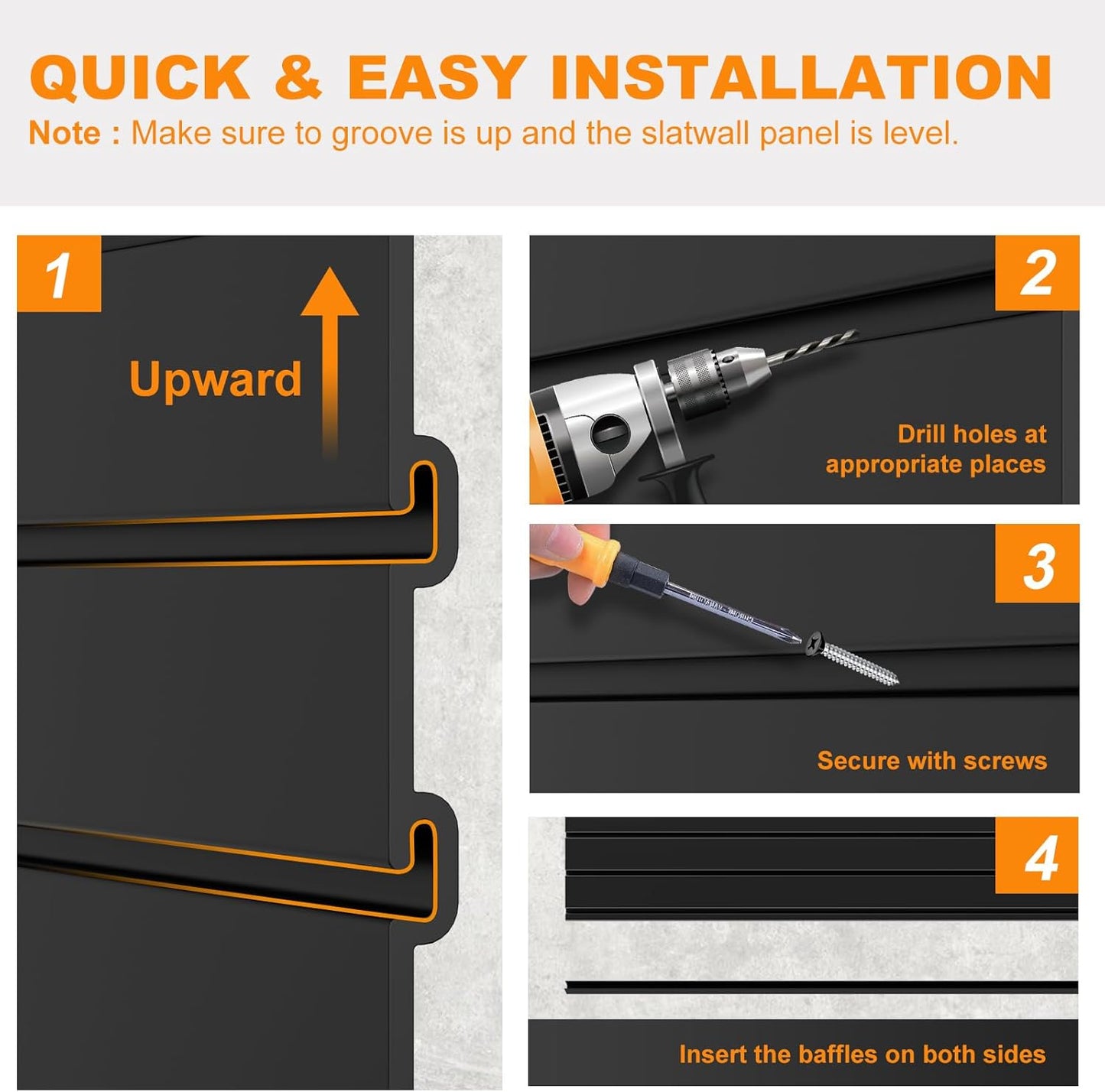 DoCred Slatwall Paneling Organizer, 4x7.5 FT PVC Garage Slat Wall Storage Systems, Heavy Duty Mounted Slat Peg Board for Tool Organization Ladder Bike Rack (Black)