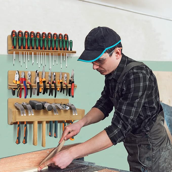 Wall Mounted Screwdriver Rack, Bamboo Pliers Holder Hammer Wall Rack Tools Storage for Garage Workshop - 3 Pack
