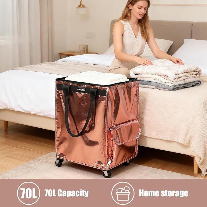 (Small,Rose Gold) Reusable Grocery Bag on 4 Wheels, 60L Foldable Rolling Tote Bag with 3 Handles and Zipper, Rolling Shopping Cart for Groceries, Storage, Laundry, Travel, Organizer, 66lb