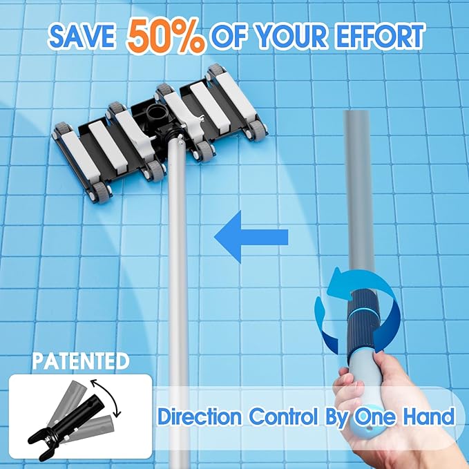TidyMister 4.4LB Weighted Pool Vacuum Head with Direction Control Handle, Debris Flow Deflector,Vinyl-Safe Wheels,Heavy Duty Manual Suction Pool Vacuum Brush for Inground Pools,Suits 1.5&1.25 Hose