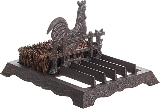 FARM IN Farmhouse Shoe Brush Scraper Outdoor Rustic Heavy Duty Cast Iron Boot Scraper with Brush for Home Porch Garden with Barn Rooster Design