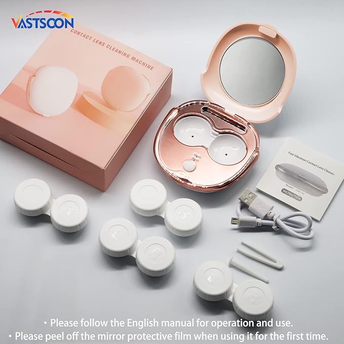 Pink Ultrasonic Contact Lens Cleaner - Portable Machine with USB Charger, Solution Soak Case Kit for Soft, Colored, Hard, RGP, and OK Lenses