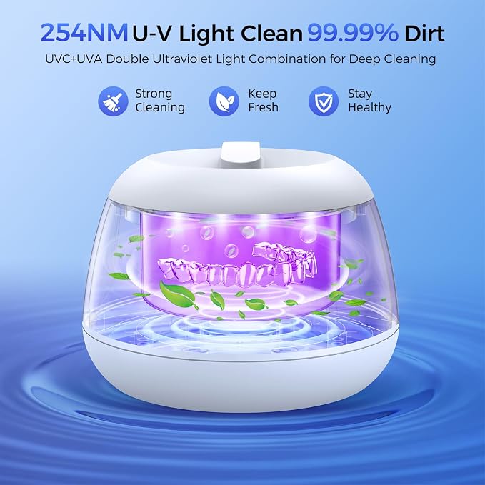 TEBAL Ultrasonic Retainer Cleaner Machine, 52kHz Ultrasonic Denture Cleaner for Night Guards, Braces, Aligner, Toothbrush, Jewelry and More, Dental Cleaning Pod with Digital Timer & 250ML, White
