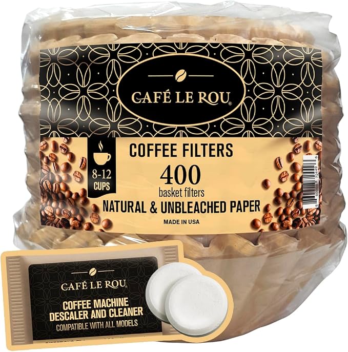 Cafe Le Rou Coffee Maker Cleaner and Descaler Tablets, Universal Cleaning Solution for All Machines | Paper Coffee Filters, 400 Count, Biodegradable, Natural Fibers 8-12 Cups