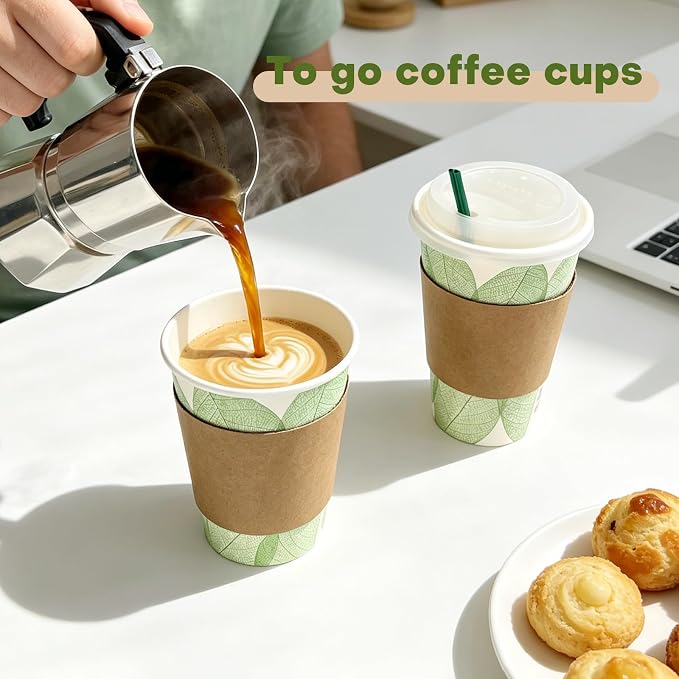 Plant-Based Compostable Cups Set – PLA Lined Disposable Coffee Cups with Lids, Straws & Sleeves, Eco-Friendly for Hot & Cold Drinks, Party, Travel, Office (16 oz 50 Count)
