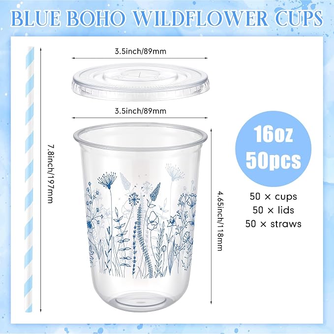 LemonRoad 50sets 16oz Blue Flower Cups Blue Birthday Party Decorations Supplies Cute Plastic Cups Disposable with Lids and Straws for Valentines Galentines Day Christmas Wedding Baby Shower