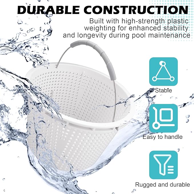 Pool Skimmer Basket for Inground Pool Compatible with Pentair U-3 Skimmer Basket 08650-0007 and Hayward SP1070 Pool Basket Stainless Steel Handle Rubber Grip & Built in Weighting White 4 Pack