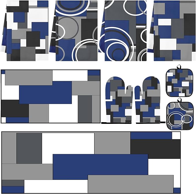 10 Pcs Navy Blue Kitchen Decor and Accessories Set, 4 Dish Towels Kitchen Rugs 2 Oven Mitts 2 Pot Holders, Home Decor for Cooking Baking BBQ Gifts Women Mom Housewarming
