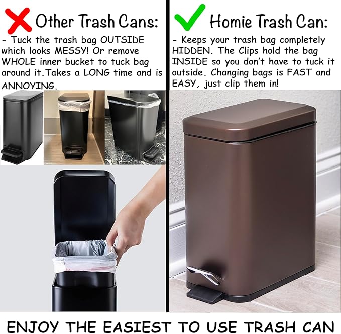 Homie Soft Close, Slim Trash Can 1.6 Gallon with Anti - Bag Slip Liner and Lid, Use as Mini Garbage Basket, Slim Dust Bin, or Decor in Bathroom, Restroom, Kitchen, or Bedroom (Bronze)