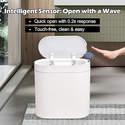 ELPHECO Bathroom Motion Sensor Trash can 2.5 Gallon Automatic Garbage Can, 9.5L Slim Plastic Smart Trash Bin with Lid Bathroom Decor, Sensor Garbage can for Bedroom, Kitchen, Office, White