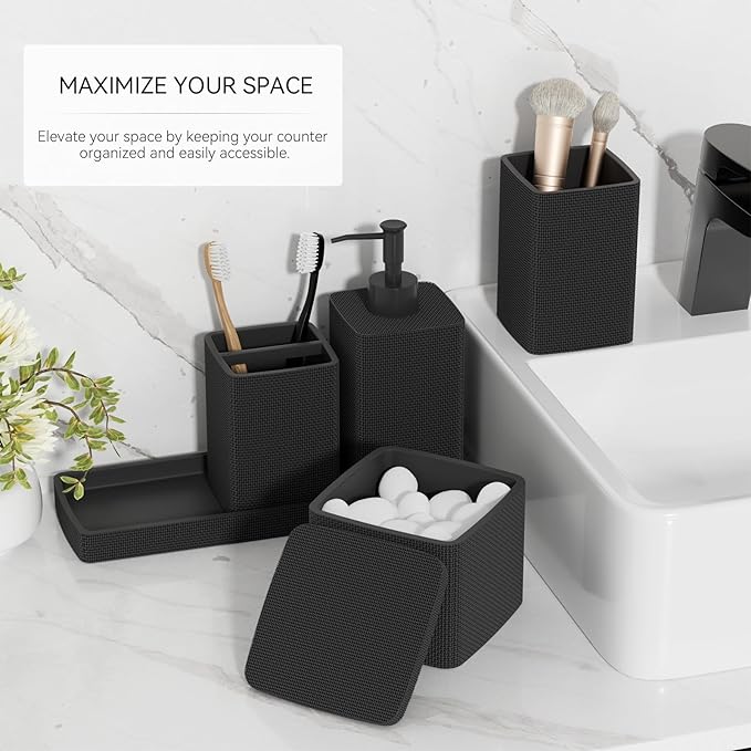 Matte Black Bathroom Accessories Set 5 Pieces, Resin Toothbrush Holders Set Complete with Soap Dispenser, Toothbrush Holder, Vanity Tray, Bathroom Tumbler and Qtip Holder for Small Spaces