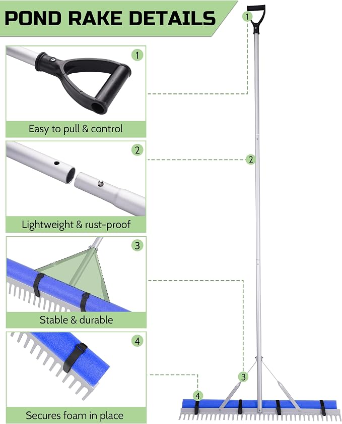 Pond Rake, 36" Floating Rake with 8.5ft (102in) Extension Handle & 20ft Rope, Aluminum Aquatic Weed Rake for Lake, Landscape Rake for Algae, Muck & Debris Removal, 2-in-1 Water & Land Tool Blue