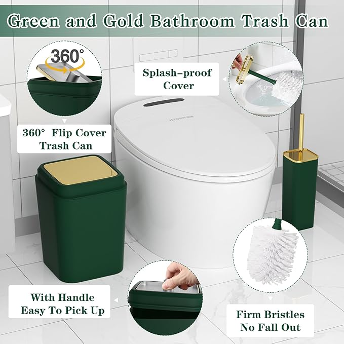 XLHOMO Bathroom Accessories Set, Green Bathroom Set, Dark Green Bathroom Accessory Set with Trash Can, Soap Dispenser, Soap Dish, Toothbrush Holder and Q-tip Holders