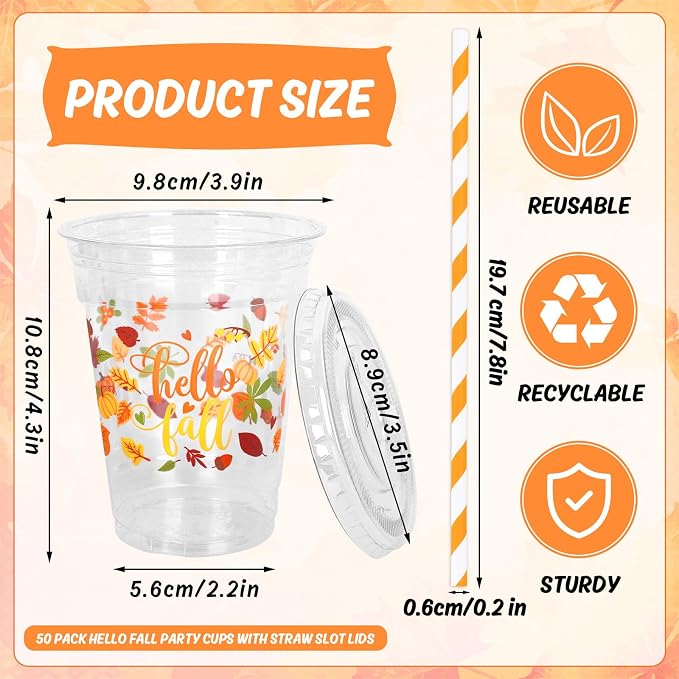 Whaline 50 Pcs 12 Oz Hello Fall Plastic Cups with Lids and Straws Autumn Maple Leaves Cold Beverage Drinking Cup for Harvest Thanksgiving Party Supplies