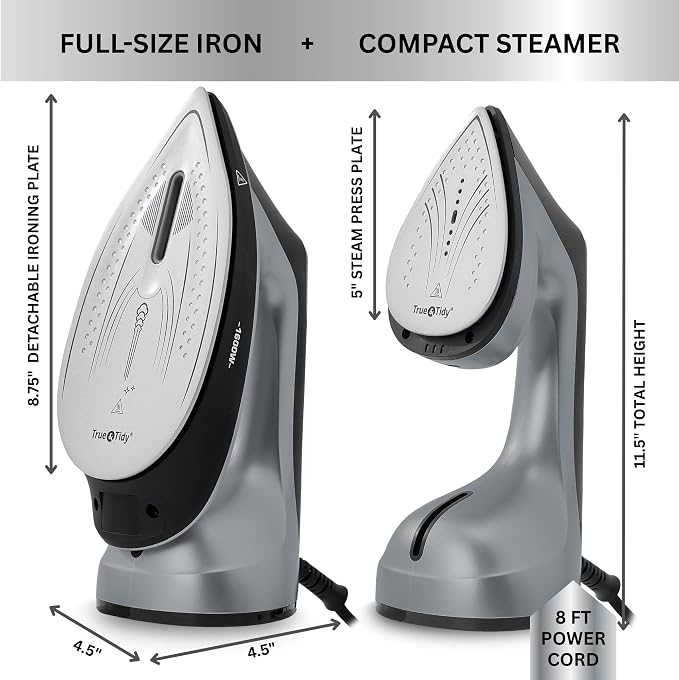 True & Tidy 2-in-1 Iron and Handheld Steamer, 1600W Dual Heating System with Ceramic-Coated Plate, LCD Display, No-Drip Technology, 3 Fabric Modes, Portable Garment Steamer for Home & Travel