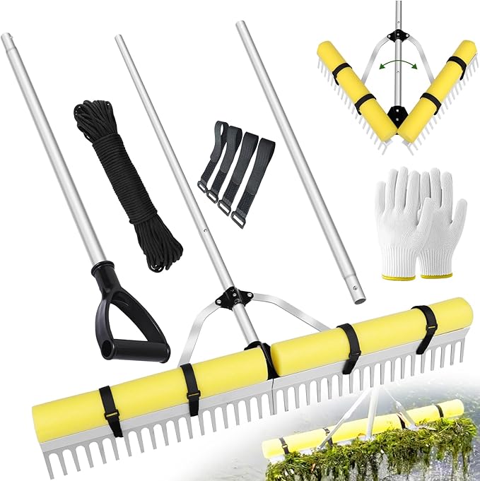 Pond Rake Aquatic Weed Rake,Detachable Float Lake Rakes,Aluminum Landscape Rake for Outdoor Pond with Extension Rope,Weed and Algae Removal,Upgraded Rakes Foam Fixing Velcro and carabiners