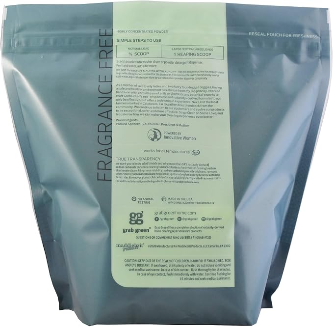 Grab Green 3-in-1 Laundry Detergent Powder, 4 lbs, 100 Loads, Unscented | Plant & Mineral-Based; Fights stains; Brightens Clothes; Free of phosphates, phthalates, chlorine, toxins, dyes