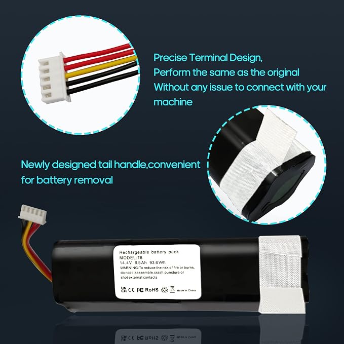 6.5Ah Battery Compatible with Yeedi vac Series、Ecovacs Deebot T5、T8、T9、T10、T20、X1、950 Robotic Vacuum Cleaners Replacement Battery Pack,Side Brush(2pcs)